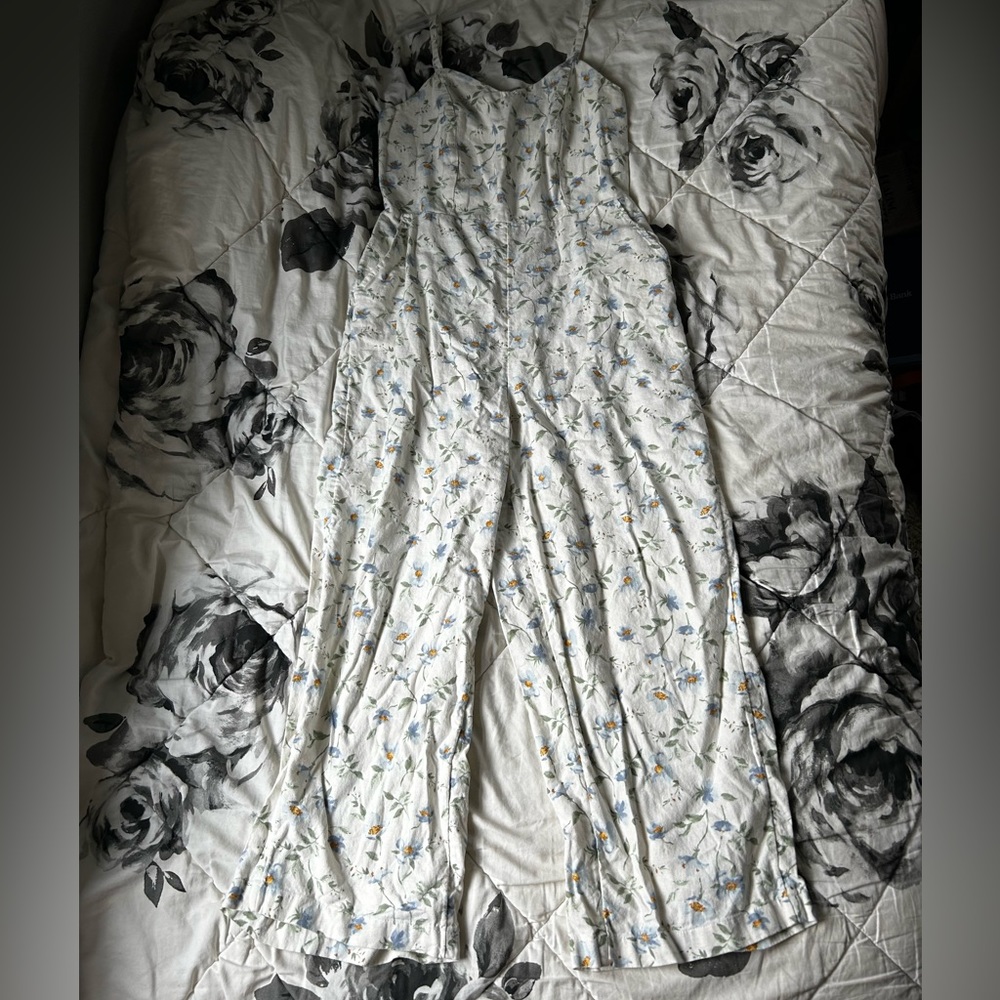 Old Navy White Floral Linen Cami Top Wide Leg Crop Ankle Jumpsuit